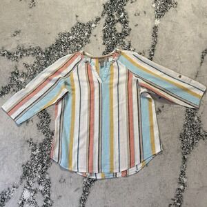 Chico's Top Womens sz 2/M Multi Rainbow Print 3/4 Sleeve‎ Round Neck Linen Blend